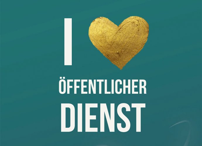 I love Öffentlicher Dienst Schriftzug mit goldenem Herz auf petrolfarbenem Hintergrund